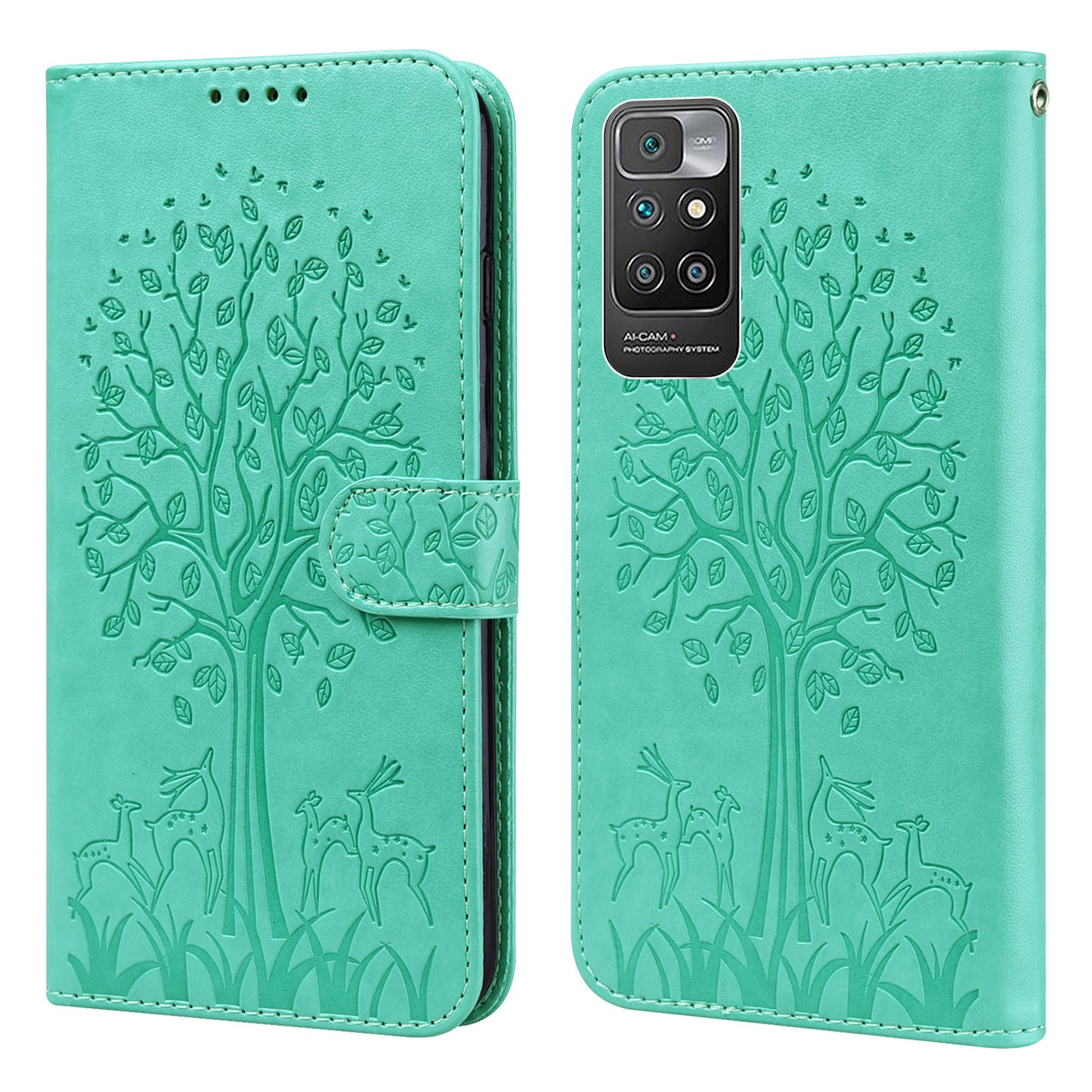 Tree and Deer Imprinted Double-sided Magnetic Clasp Scratch-resistant Stylish Leather Wallet Stand Phone Shell Case for Xiaomi Xiaomi Redmi 10 4G (2021)/Redmi 10 2022 4G/Redmi Note 11 4G (MediaTek)/Redmi 10 Prime