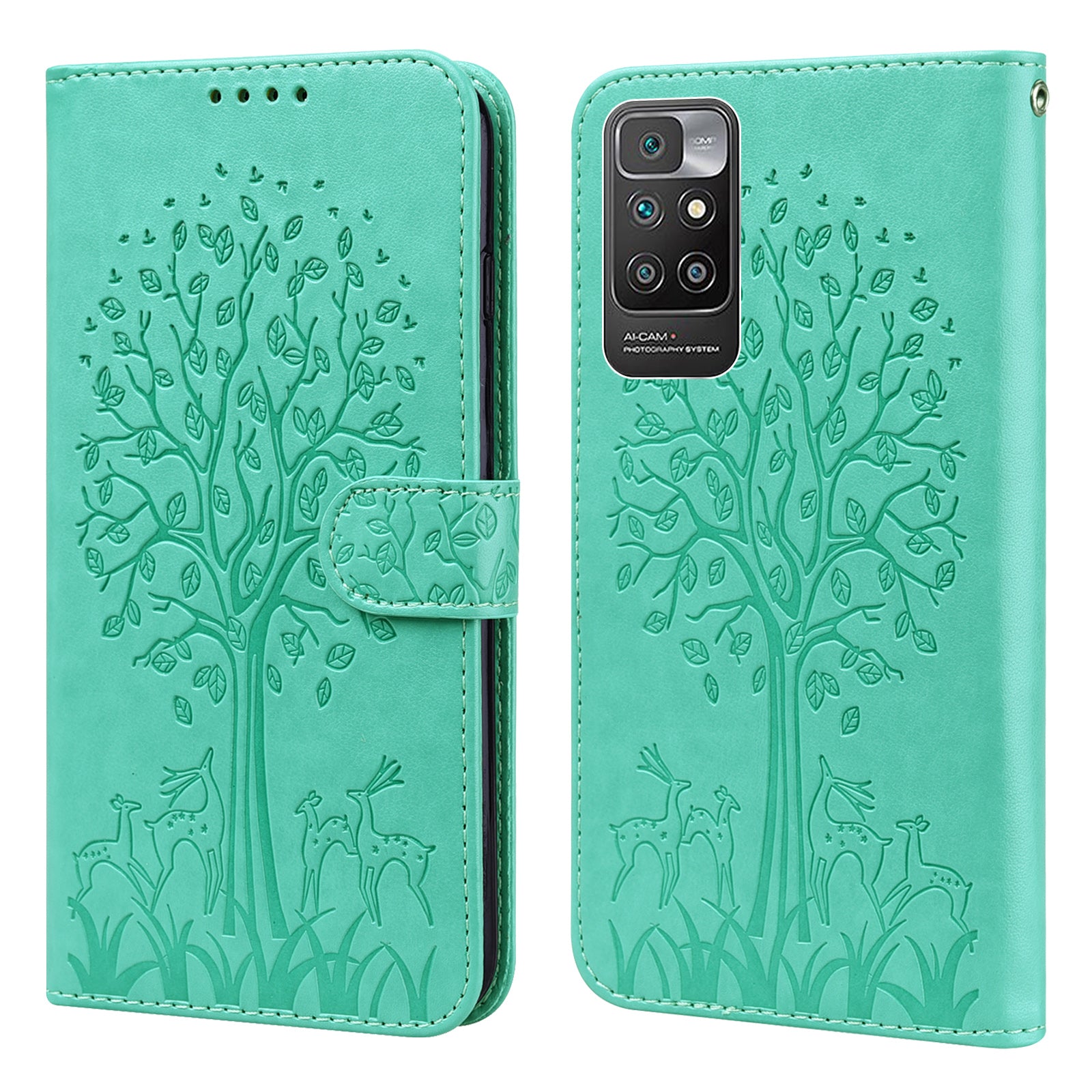 Tree and Deer Imprinted Double-sided Magnetic Clasp Scratch-resistant Stylish Leather Wallet Stand Phone Shell Case for Xiaomi Xiaomi Redmi 10 4G (2021)/Redmi 10 2022 4G/Redmi Note 11 4G (MediaTek)/Redmi 10 Prime