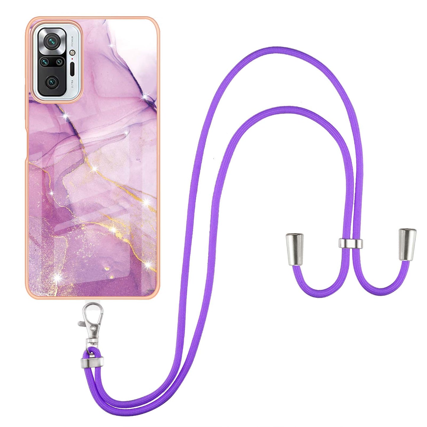 IML IMD Marble Pattern Scratch-Resistant Electroplating Frame Flexible TPU Phone Cover Case with Adjustable Lanyard for Xiaomi Redmi Note 10 Pro 4G (Global)/Note 10 Pro 4G (India)/Note 10 Pro Max