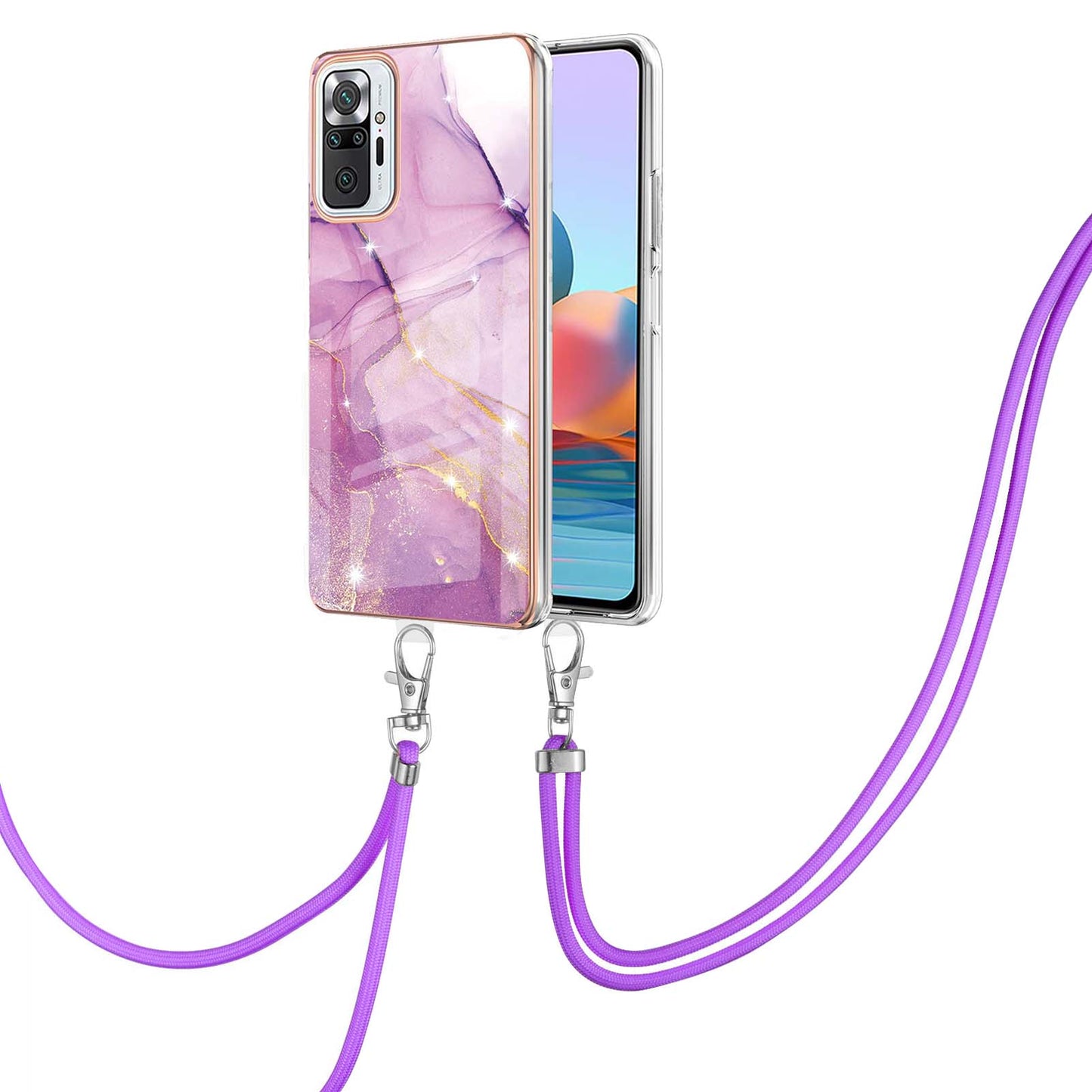 IML IMD Marble Pattern Scratch-Resistant Electroplating Frame Flexible TPU Phone Cover Case with Adjustable Lanyard for Xiaomi Redmi Note 10 Pro 4G (Global)/Note 10 Pro 4G (India)/Note 10 Pro Max