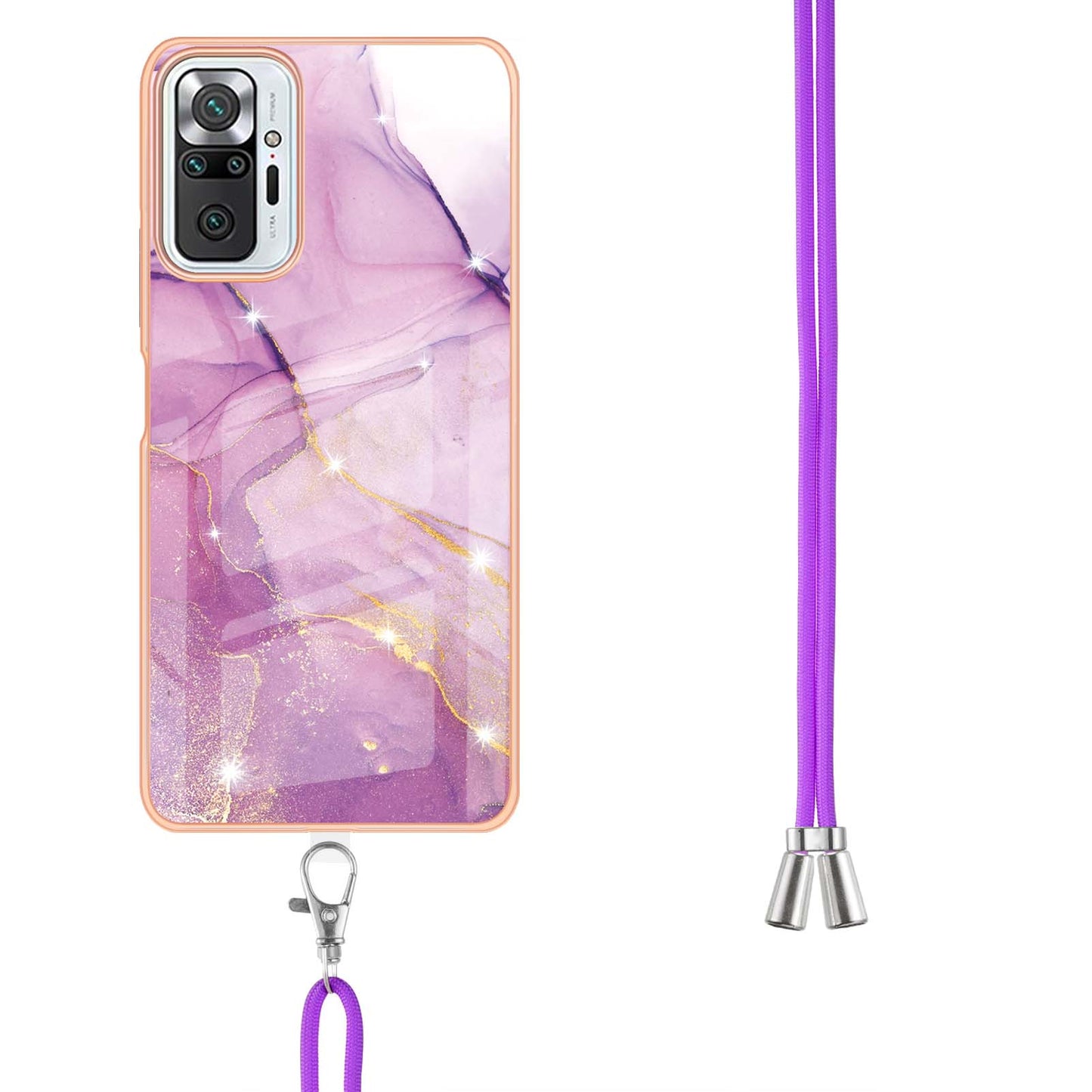 IML IMD Marble Pattern Scratch-Resistant Electroplating Frame Flexible TPU Phone Cover Case with Adjustable Lanyard for Xiaomi Redmi Note 10 Pro 4G (Global)/Note 10 Pro 4G (India)/Note 10 Pro Max