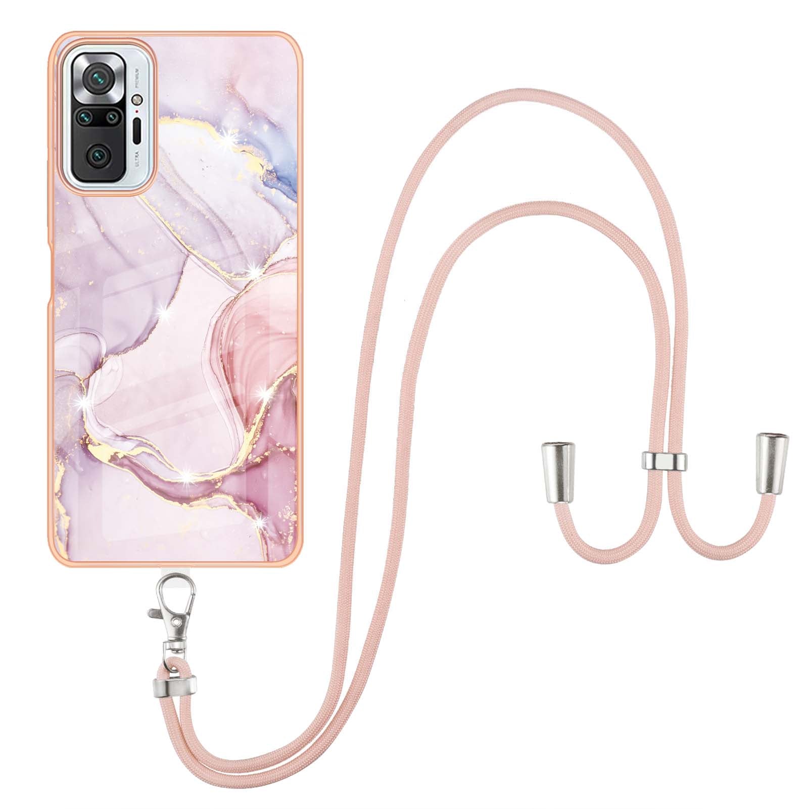 IML IMD Marble Pattern Scratch-Resistant Electroplating Frame Flexible TPU Phone Cover Case with Adjustable Lanyard for Xiaomi Redmi Note 10 Pro 4G (Global)/Note 10 Pro 4G (India)/Note 10 Pro Max