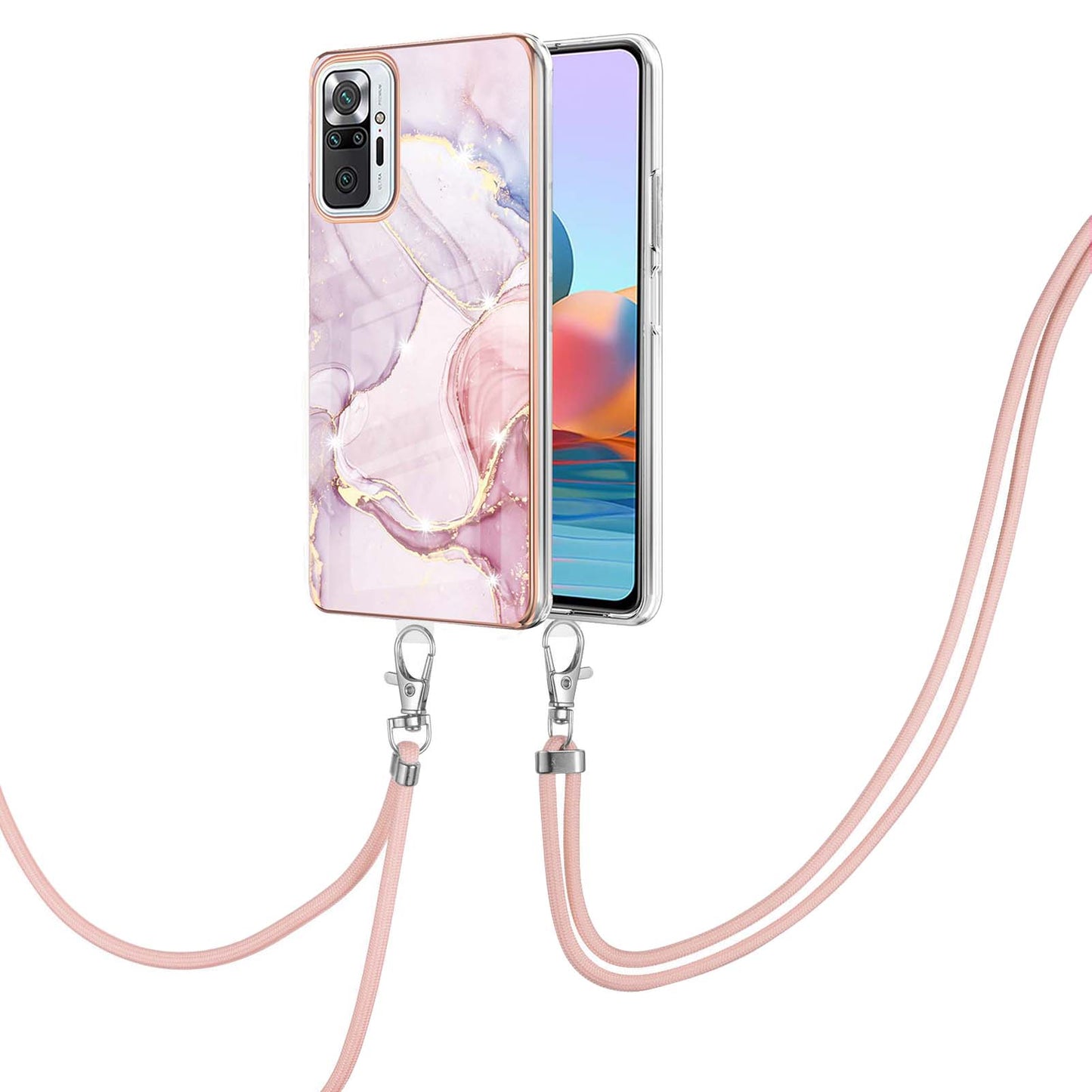 IML IMD Marble Pattern Scratch-Resistant Electroplating Frame Flexible TPU Phone Cover Case with Adjustable Lanyard for Xiaomi Redmi Note 10 Pro 4G (Global)/Note 10 Pro 4G (India)/Note 10 Pro Max