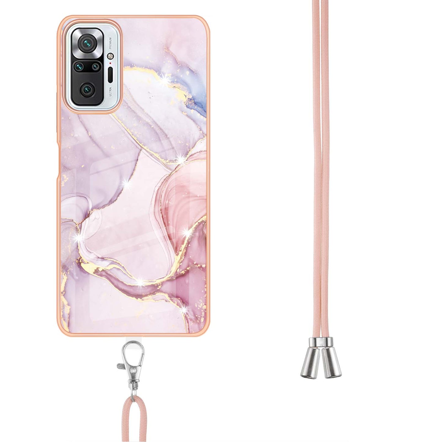 IML IMD Marble Pattern Scratch-Resistant Electroplating Frame Flexible TPU Phone Cover Case with Adjustable Lanyard for Xiaomi Redmi Note 10 Pro 4G (Global)/Note 10 Pro 4G (India)/Note 10 Pro Max