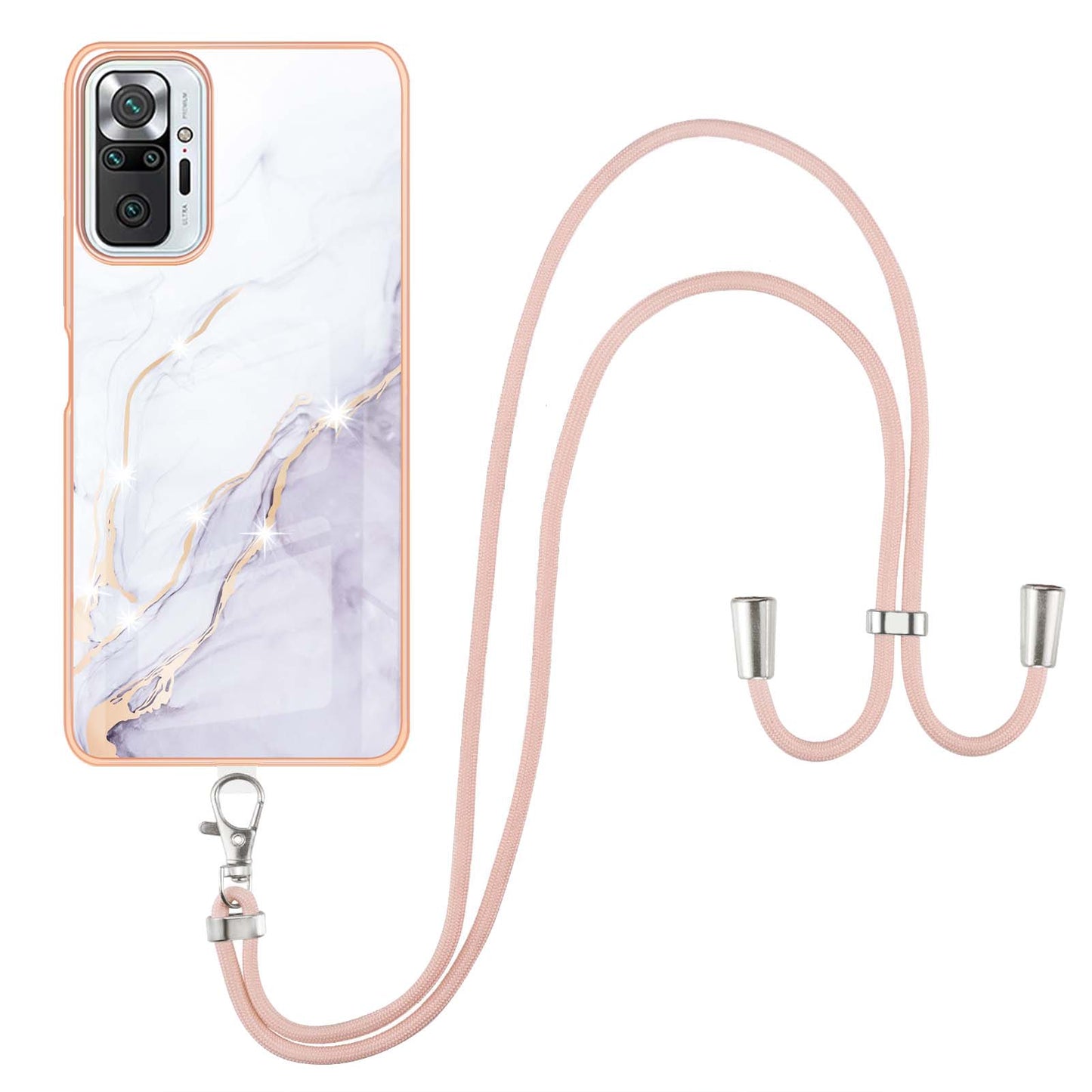 IML IMD Marble Pattern Scratch-Resistant Electroplating Frame Flexible TPU Phone Cover Case with Adjustable Lanyard for Xiaomi Redmi Note 10 Pro 4G (Global)/Note 10 Pro 4G (India)/Note 10 Pro Max