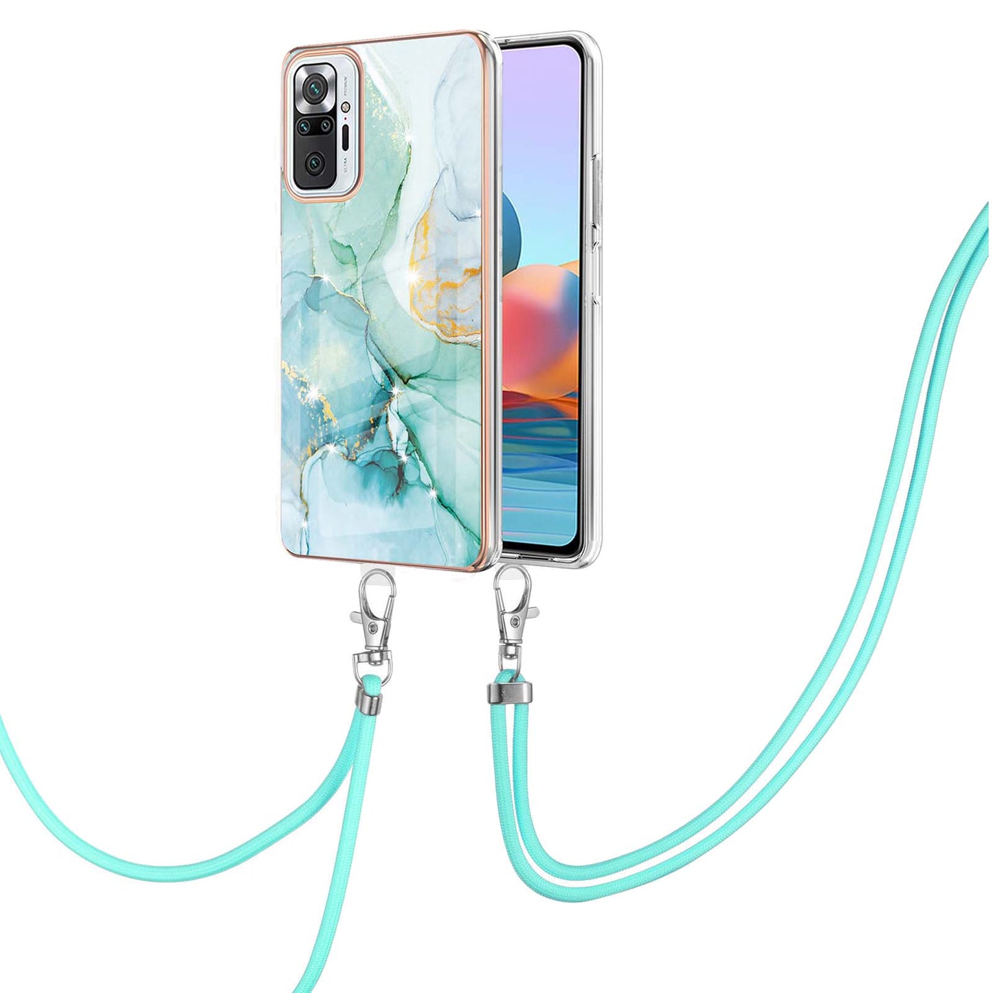 IML IMD Marble Pattern Scratch-Resistant Electroplating Frame Flexible TPU Phone Cover Case with Adjustable Lanyard for Xiaomi Redmi Note 10 Pro 4G (Global)/Note 10 Pro 4G (India)/Note 10 Pro Max