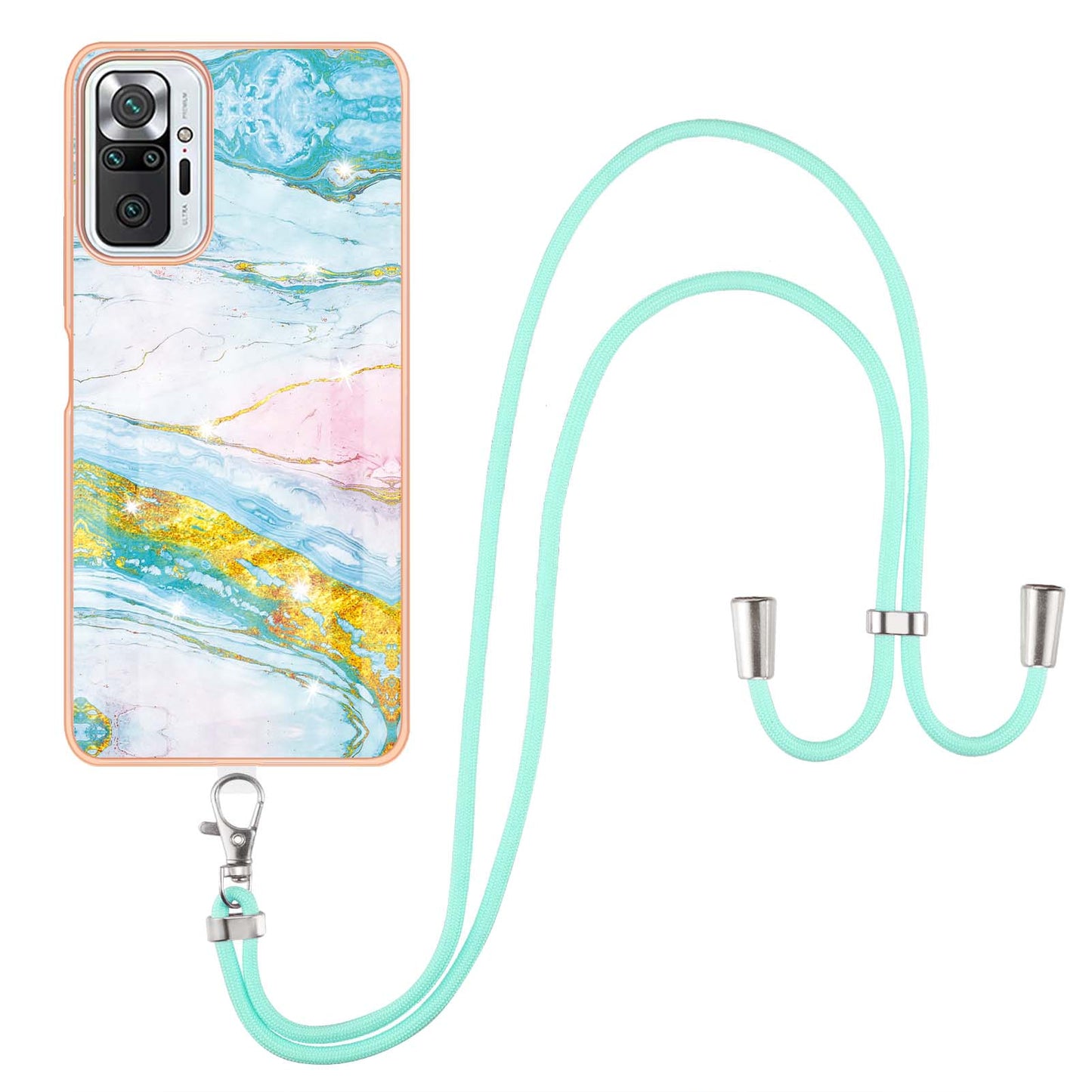 IML IMD Marble Pattern Scratch-Resistant Electroplating Frame Flexible TPU Phone Cover Case with Adjustable Lanyard for Xiaomi Redmi Note 10 Pro 4G (Global)/Note 10 Pro 4G (India)/Note 10 Pro Max