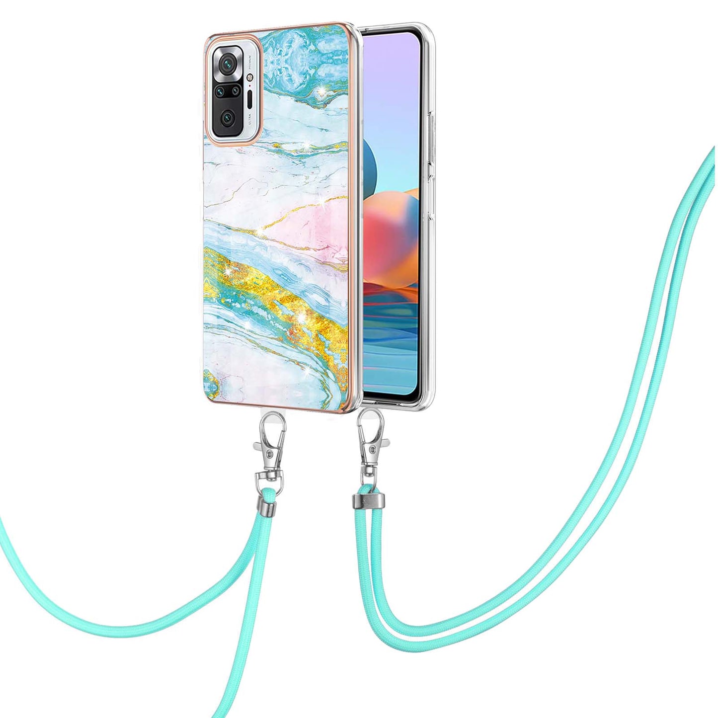 IML IMD Marble Pattern Scratch-Resistant Electroplating Frame Flexible TPU Phone Cover Case with Adjustable Lanyard for Xiaomi Redmi Note 10 Pro 4G (Global)/Note 10 Pro 4G (India)/Note 10 Pro Max