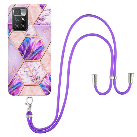 2.0mm Thick Marble Splicing Pattern Ultra Slim Thin Double-sided IMD Electroplating Soft Shockproof TPU Cover with Shoulder Strap for Xiaomi Redmi Note 11 4G (MediaTek)/10 4G (2021)/10 2022 4G/10 Prime