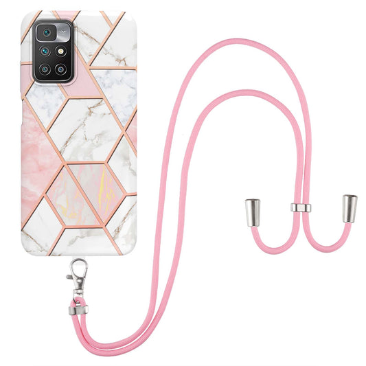 2.0mm Thick Marble Splicing Pattern Ultra Slim Thin Double-sided IMD Electroplating Soft Shockproof TPU Cover with Shoulder Strap for Xiaomi Redmi Note 11 4G (MediaTek)/10 4G (2021)/10 2022 4G/10 Prime