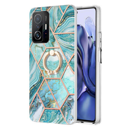 2.0mm IMD IML Soft TPU Case Marble Pattern Electroplate Phone Cover with Ring Kickstand for Xiaomi 11T/11T Pro
