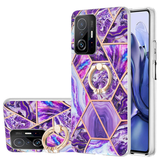 2.0mm IMD IML Soft TPU Case Marble Pattern Electroplate Phone Cover with Ring Kickstand for Xiaomi 11T/11T Pro