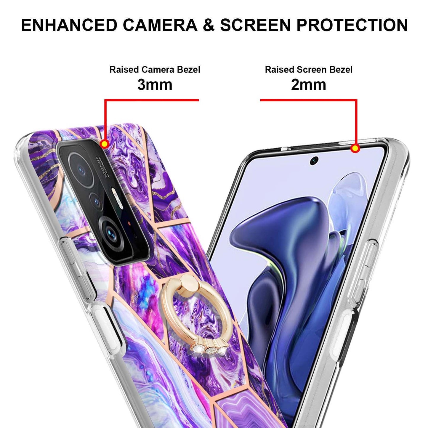 2.0mm IMD IML Soft TPU Case Marble Pattern Electroplate Phone Cover with Ring Kickstand for Xiaomi 11T/11T Pro