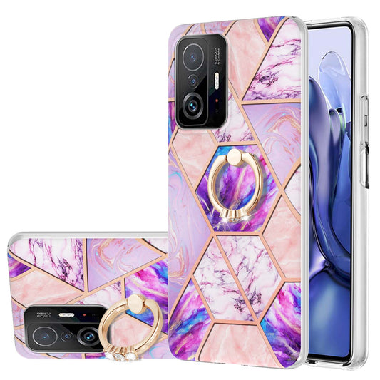 2.0mm IMD IML Soft TPU Case Marble Pattern Electroplate Phone Cover with Ring Kickstand for Xiaomi 11T/11T Pro