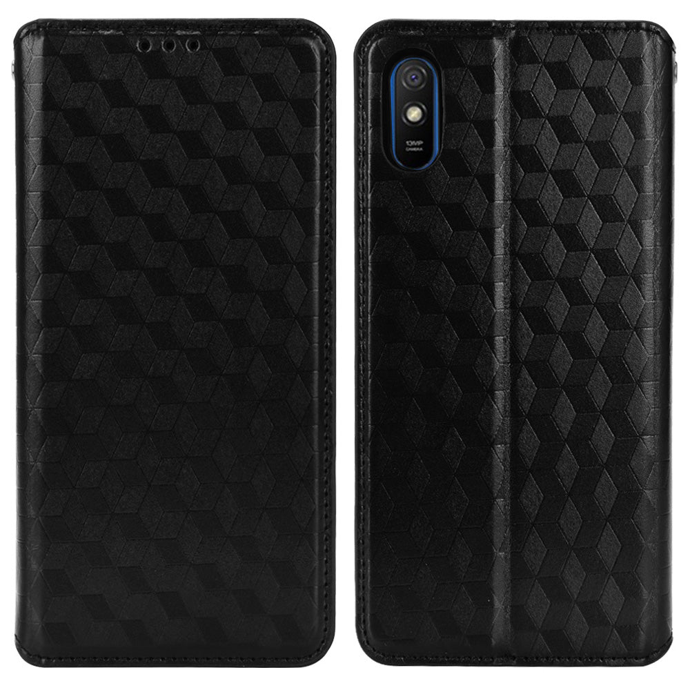 Foldable Stand 3D Rhombus Pattern Auto Closure Magnetic Leather Case Wallet Phone Cover for Xiaomi Redmi 9A/Redmi 9AT/Redmi 9i