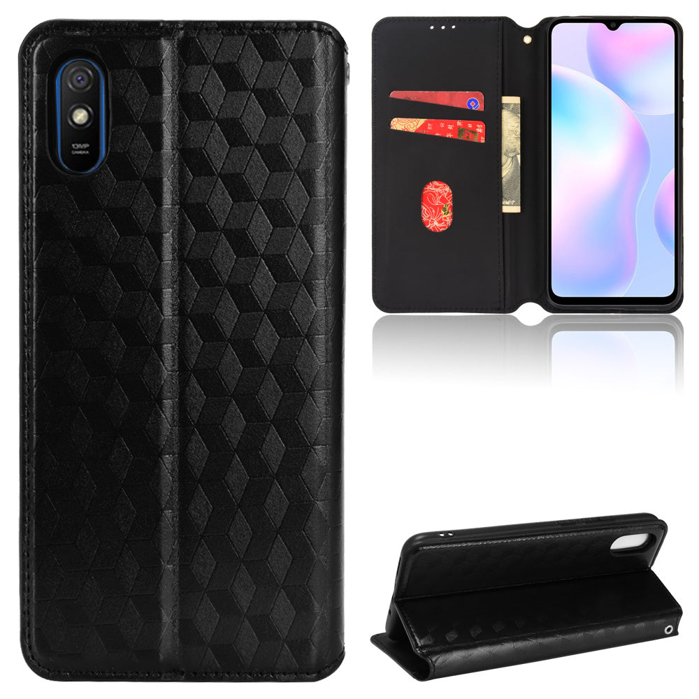 Foldable Stand 3D Rhombus Pattern Auto Closure Magnetic Leather Case Wallet Phone Cover for Xiaomi Redmi 9A/Redmi 9AT/Redmi 9i
