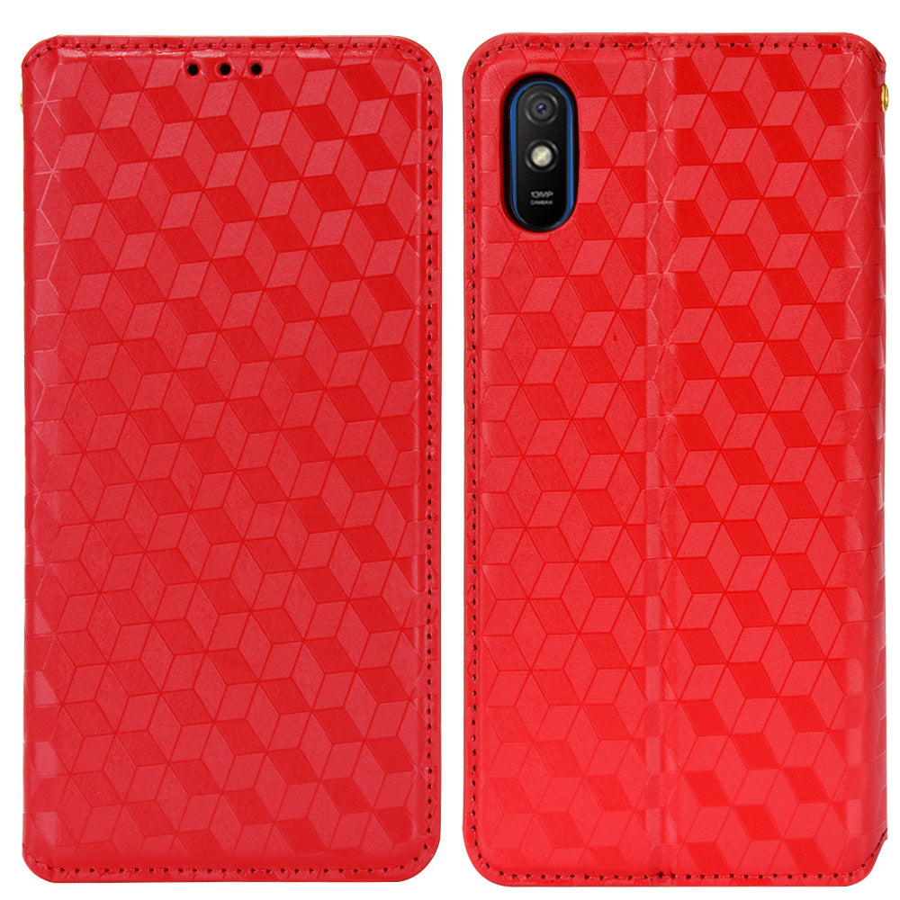 Foldable Stand 3D Rhombus Pattern Auto Closure Magnetic Leather Case Wallet Phone Cover for Xiaomi Redmi 9A/Redmi 9AT/Redmi 9i