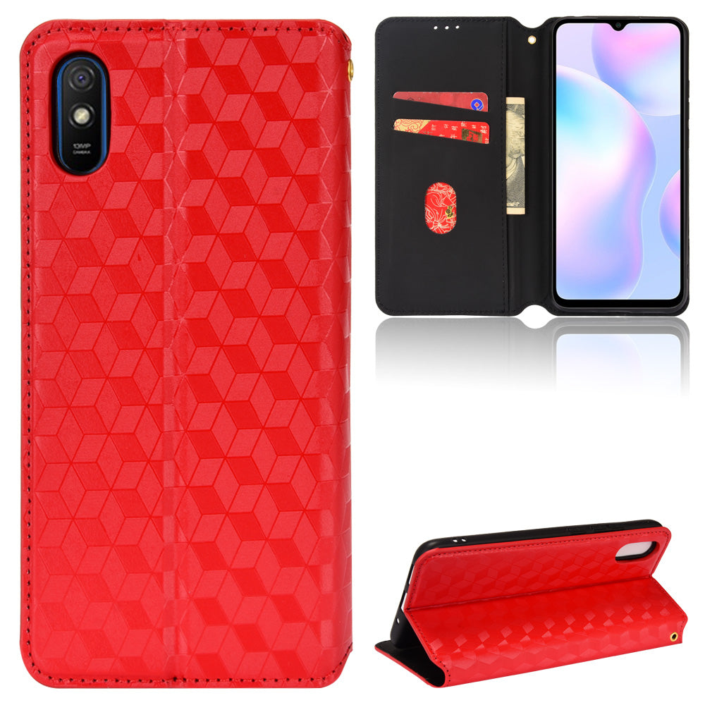 Foldable Stand 3D Rhombus Pattern Auto Closure Magnetic Leather Case Wallet Phone Cover for Xiaomi Redmi 9A/Redmi 9AT/Redmi 9i