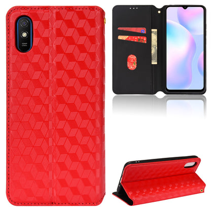 Foldable Stand 3D Rhombus Pattern Auto Closure Magnetic Leather Case Wallet Phone Cover for Xiaomi Redmi 9A/Redmi 9AT/Redmi 9i