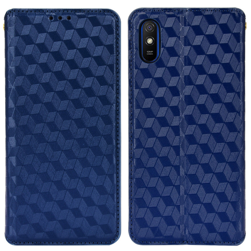 Foldable Stand 3D Rhombus Pattern Auto Closure Magnetic Leather Case Wallet Phone Cover for Xiaomi Redmi 9A/Redmi 9AT/Redmi 9i