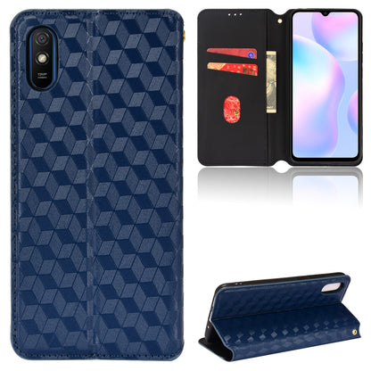 Foldable Stand 3D Rhombus Pattern Auto Closure Magnetic Leather Case Wallet Phone Cover for Xiaomi Redmi 9A/Redmi 9AT/Redmi 9i
