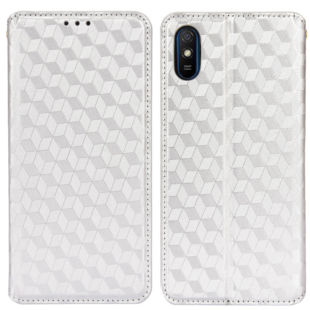Foldable Stand 3D Rhombus Pattern Auto Closure Magnetic Leather Case Wallet Phone Cover for Xiaomi Redmi 9A/Redmi 9AT/Redmi 9i