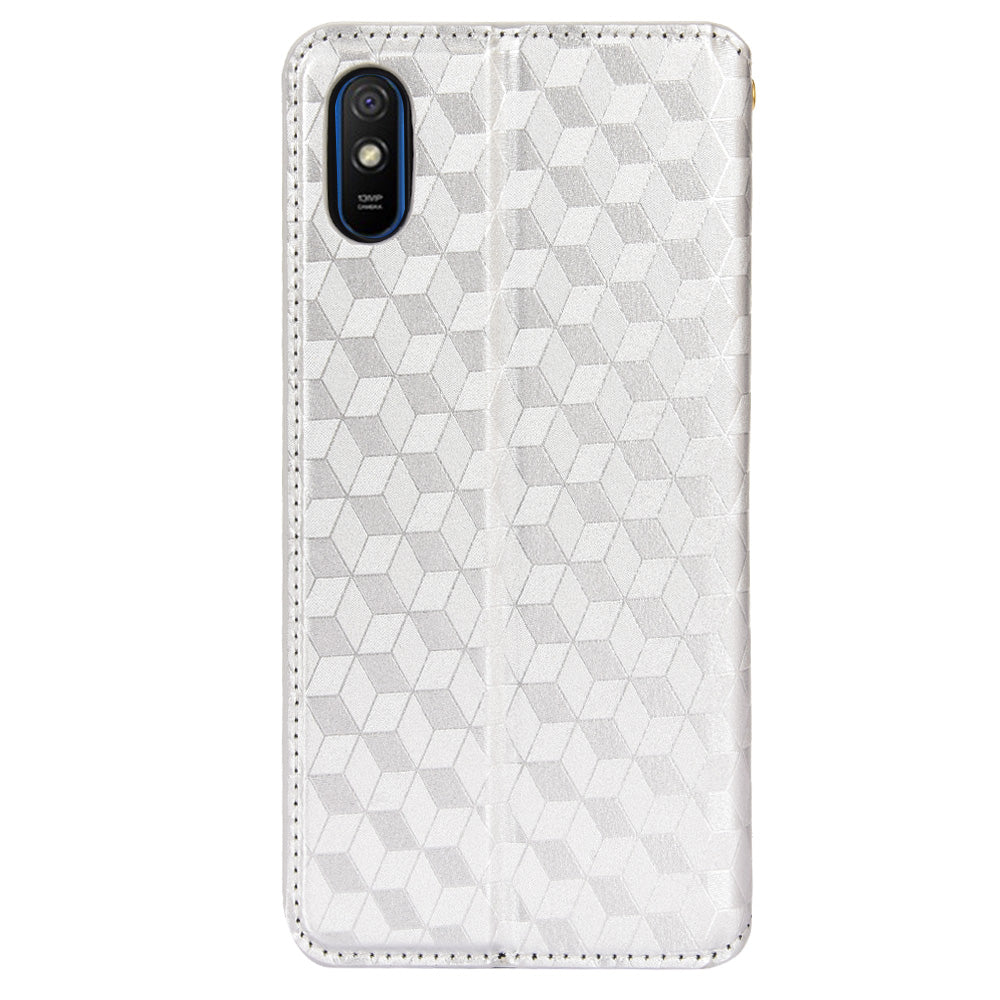 Foldable Stand 3D Rhombus Pattern Auto Closure Magnetic Leather Case Wallet Phone Cover for Xiaomi Redmi 9A/Redmi 9AT/Redmi 9i