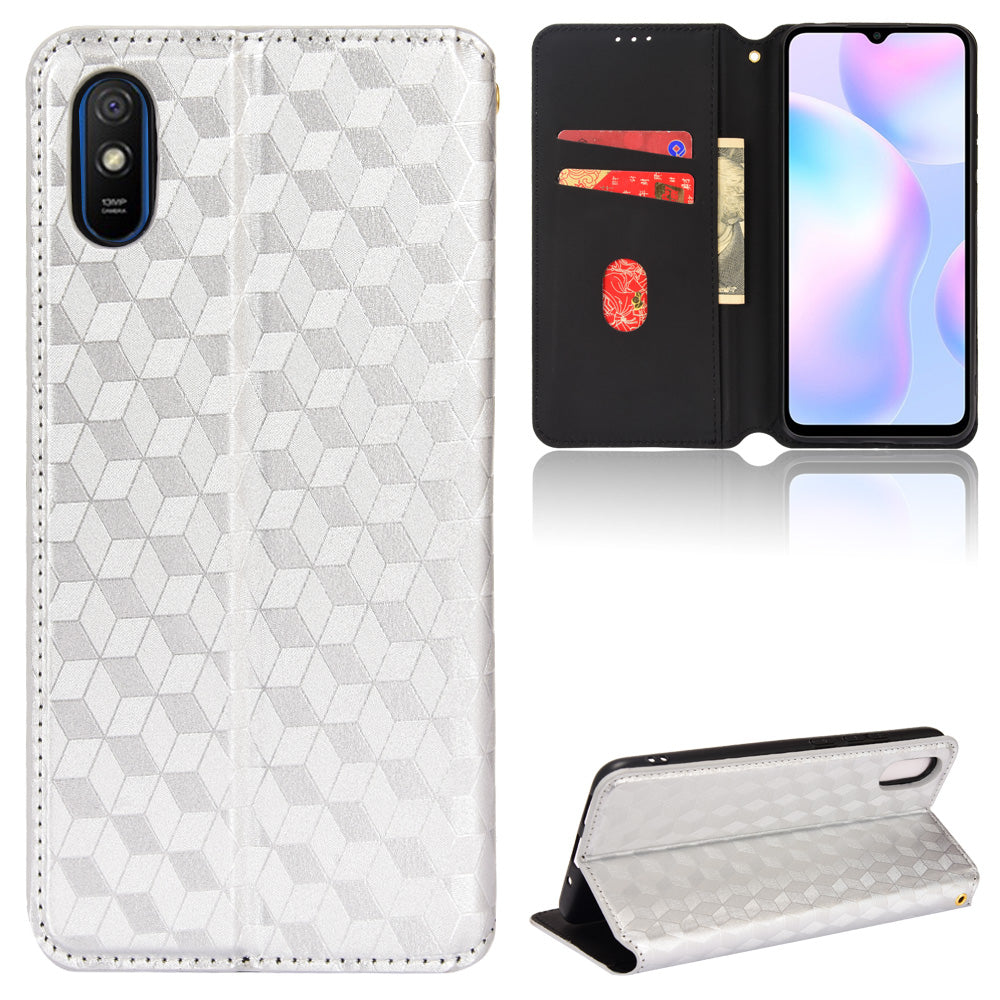 Foldable Stand 3D Rhombus Pattern Auto Closure Magnetic Leather Case Wallet Phone Cover for Xiaomi Redmi 9A/Redmi 9AT/Redmi 9i