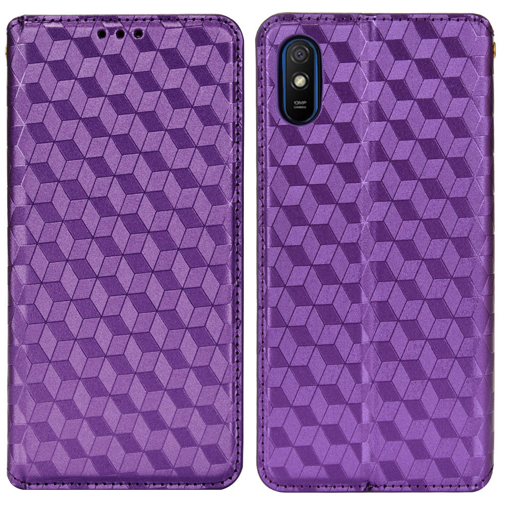 Foldable Stand 3D Rhombus Pattern Auto Closure Magnetic Leather Case Wallet Phone Cover for Xiaomi Redmi 9A/Redmi 9AT/Redmi 9i