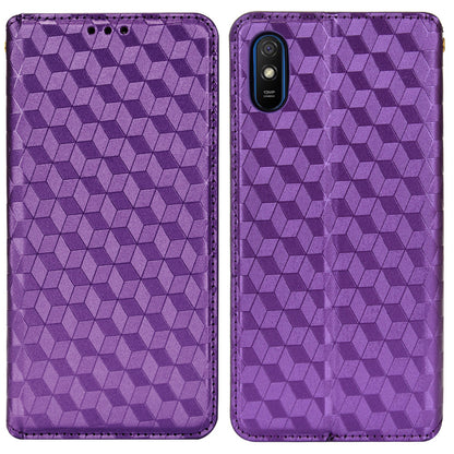 Foldable Stand 3D Rhombus Pattern Auto Closure Magnetic Leather Case Wallet Phone Cover for Xiaomi Redmi 9A/Redmi 9AT/Redmi 9i
