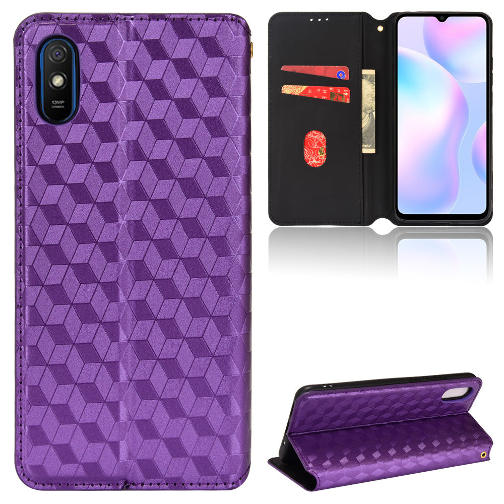 Foldable Stand 3D Rhombus Pattern Auto Closure Magnetic Leather Case Wallet Phone Cover for Xiaomi Redmi 9A/Redmi 9AT/Redmi 9i
