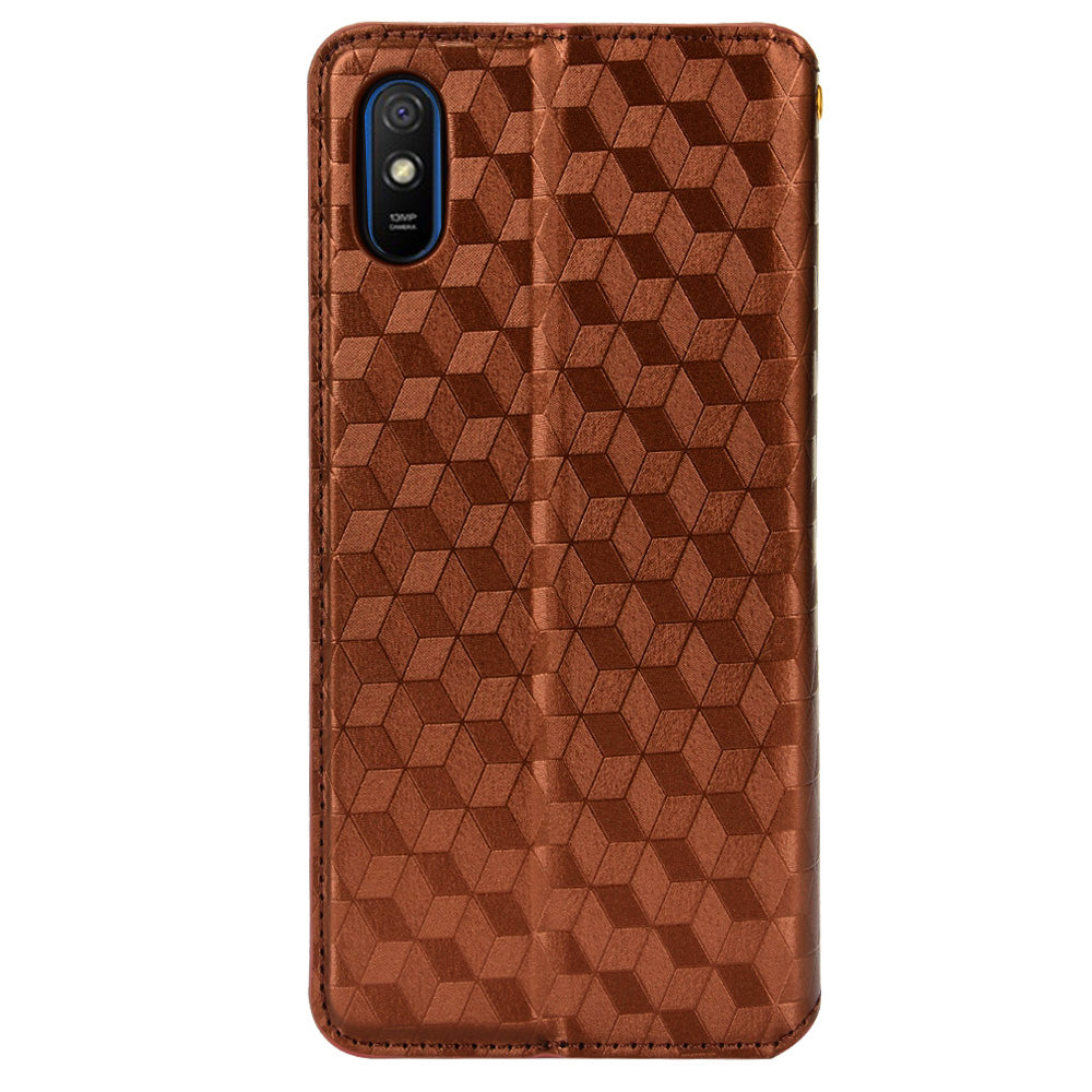 Foldable Stand 3D Rhombus Pattern Auto Closure Magnetic Leather Case Wallet Phone Cover for Xiaomi Redmi 9A/Redmi 9AT/Redmi 9i