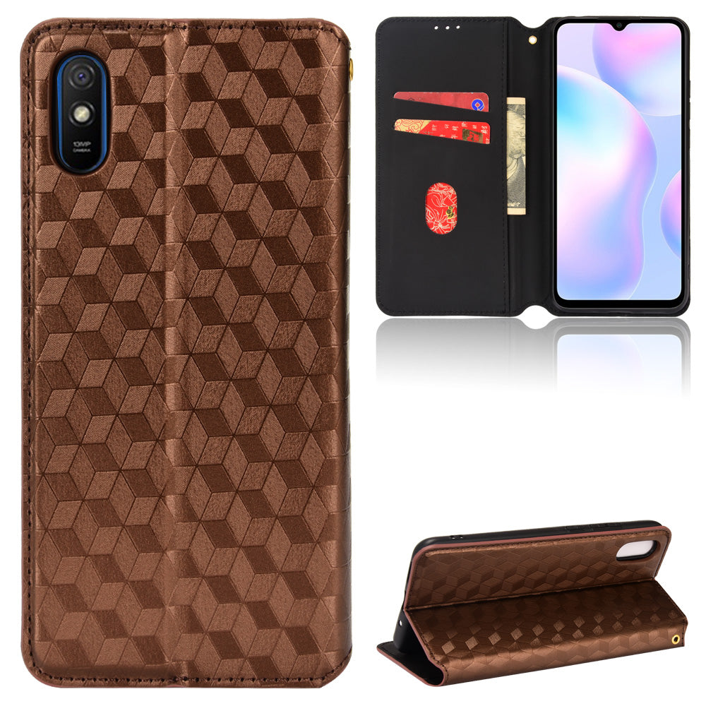 Foldable Stand 3D Rhombus Pattern Auto Closure Magnetic Leather Case Wallet Phone Cover for Xiaomi Redmi 9A/Redmi 9AT/Redmi 9i