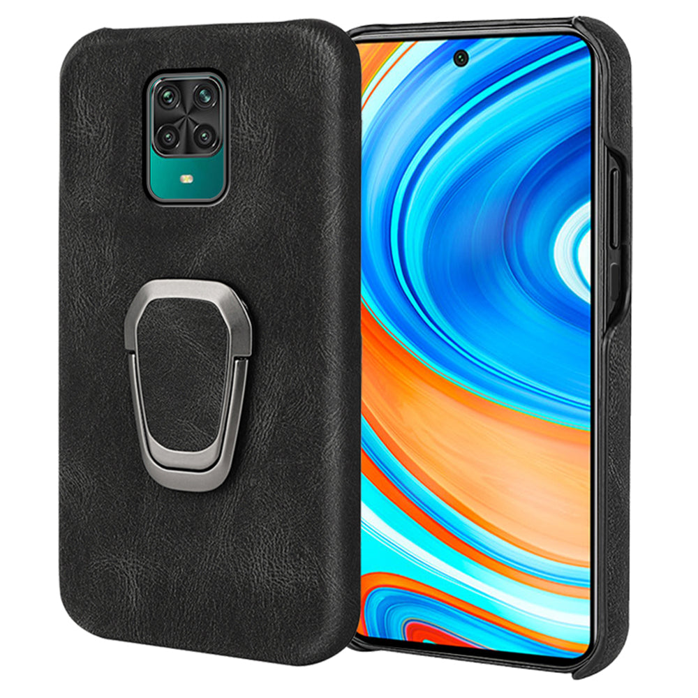 PU Leather Coated Soft PC Well-protected Anti-drop Mobile Phone with Ring Kickstand for Xiaomi Redmi Note 9 Pro/Redmi Note 9 Pro Max/Redmi Note 9S