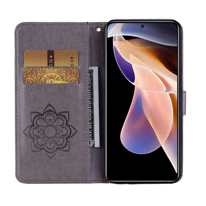 Rhinestone Decor Owl Flower Imprinting PU Leather + TPU Phone Case Cover with Stand Wallet for Xiaomi Redmi Note 11 Pro 5G (China) (MediaTek)/11 Pro+ 5G