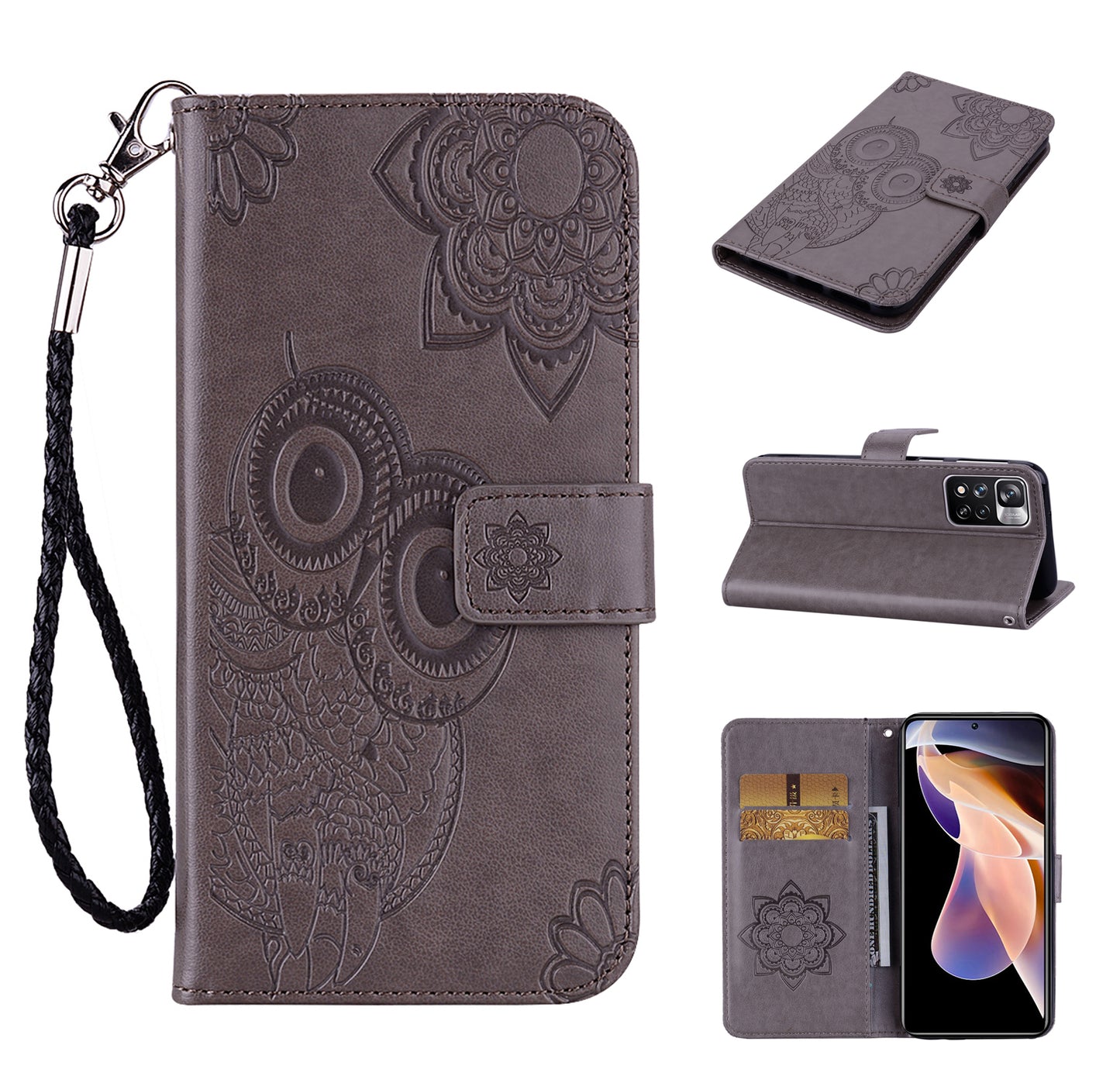 Rhinestone Decor Owl Flower Imprinting PU Leather + TPU Phone Case Cover with Stand Wallet for Xiaomi Redmi Note 11 Pro 5G (China) (MediaTek)/11 Pro+ 5G