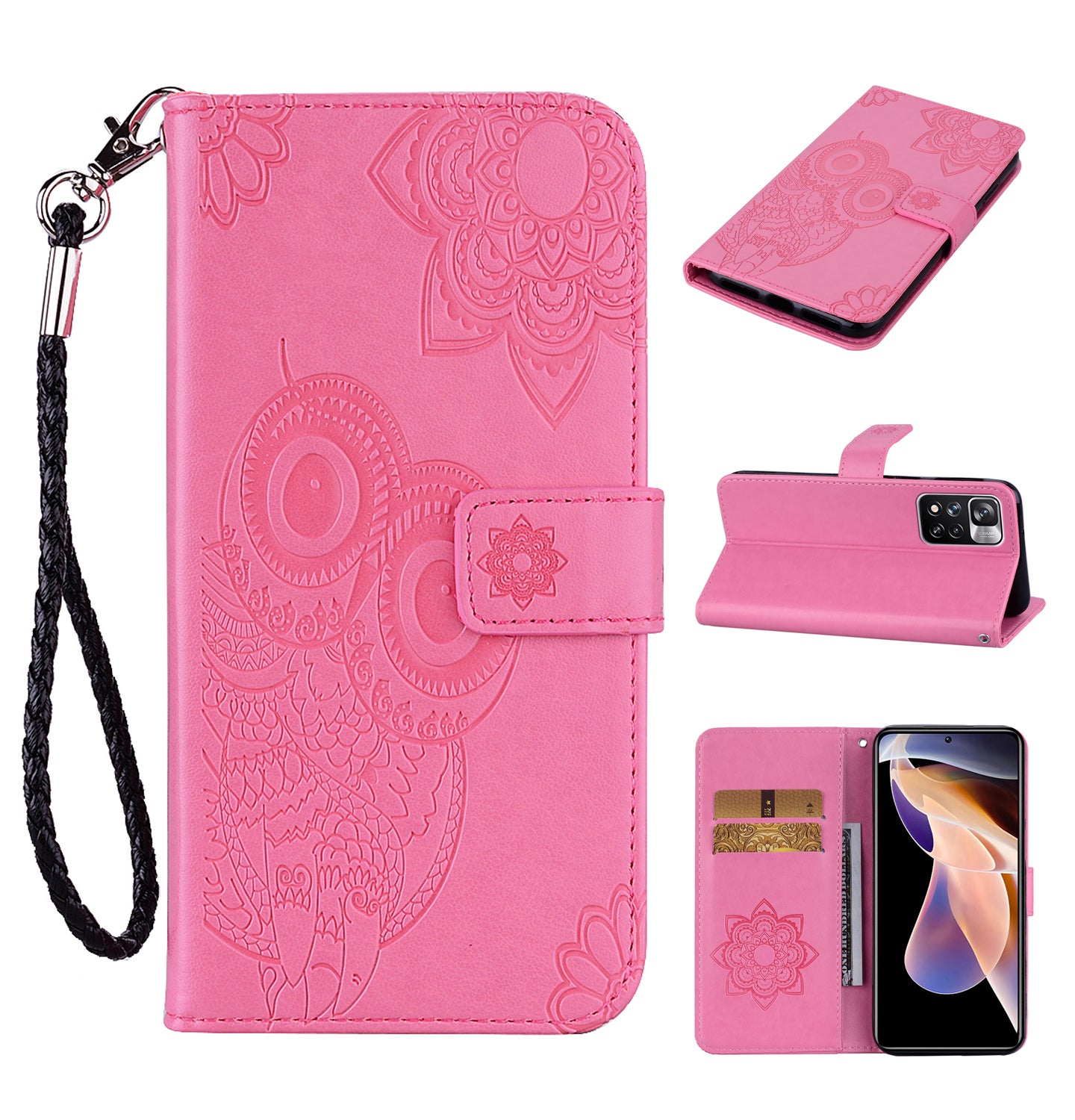 Rhinestone Decor Owl Flower Imprinting PU Leather + TPU Phone Case Cover with Stand Wallet for Xiaomi Redmi Note 11 Pro 5G (China) (MediaTek)/11 Pro+ 5G