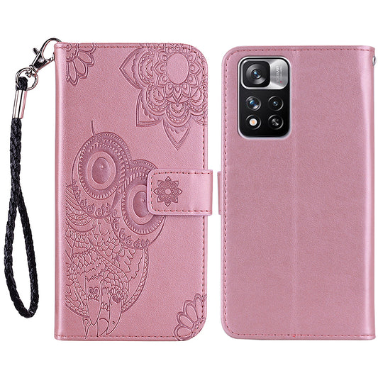 Rhinestone Decor Owl Flower Imprinting PU Leather + TPU Phone Case Cover with Stand Wallet for Xiaomi Redmi Note 11 Pro 5G (China) (MediaTek)/11 Pro+ 5G