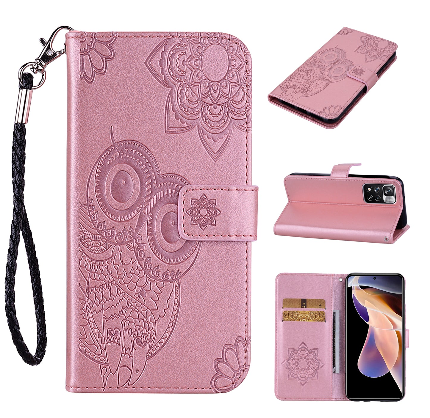 Rhinestone Decor Owl Flower Imprinting PU Leather + TPU Phone Case Cover with Stand Wallet for Xiaomi Redmi Note 11 Pro 5G (China) (MediaTek)/11 Pro+ 5G
