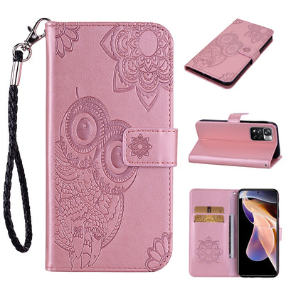 Rhinestone Decor Owl Flower Imprinting PU Leather + TPU Phone Case Cover with Stand Wallet for Xiaomi Redmi Note 11 Pro 5G (China) (MediaTek)/11 Pro+ 5G