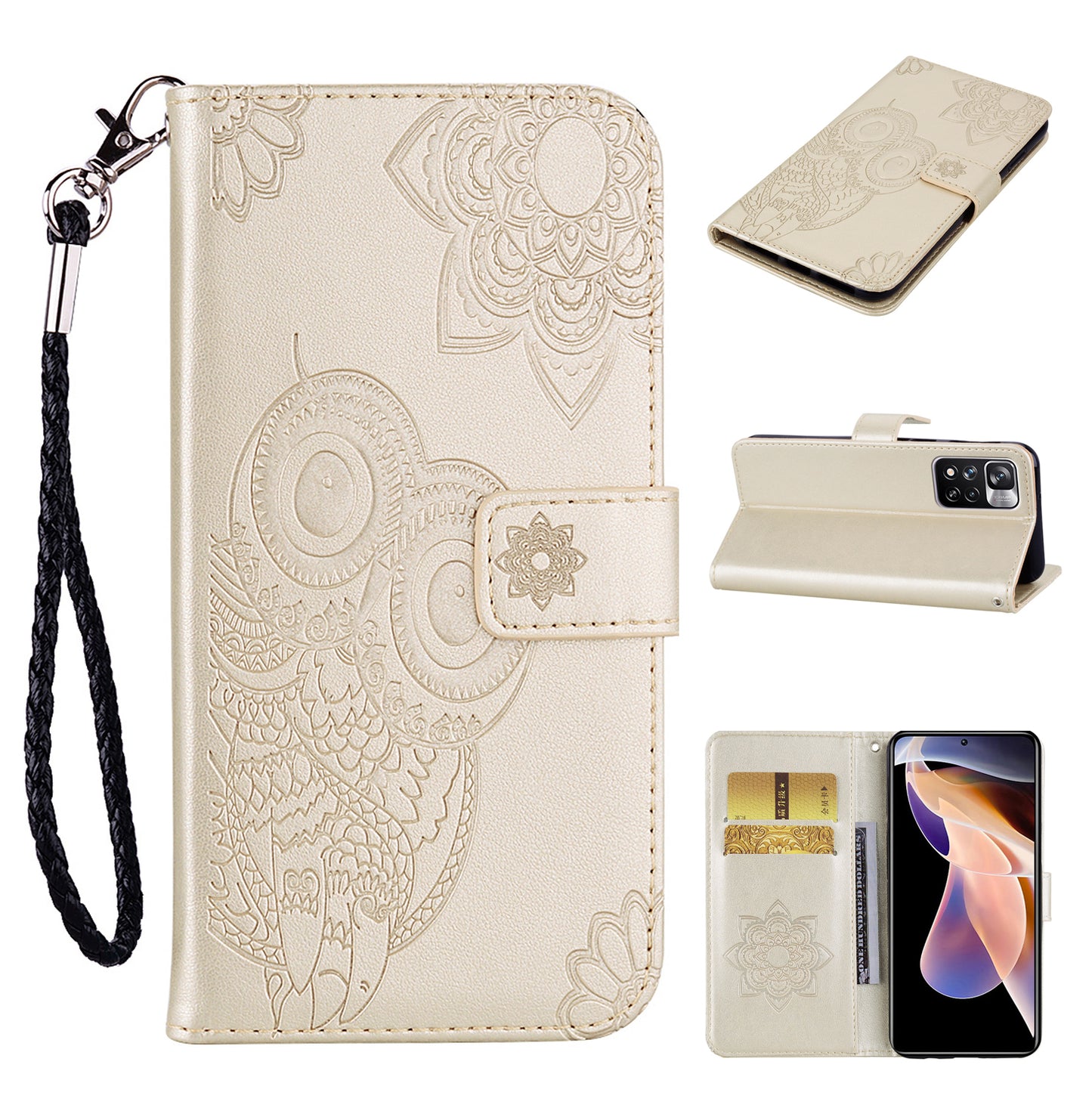 Rhinestone Decor Owl Flower Imprinting PU Leather + TPU Phone Case Cover with Stand Wallet for Xiaomi Redmi Note 11 Pro 5G (China) (MediaTek)/11 Pro+ 5G