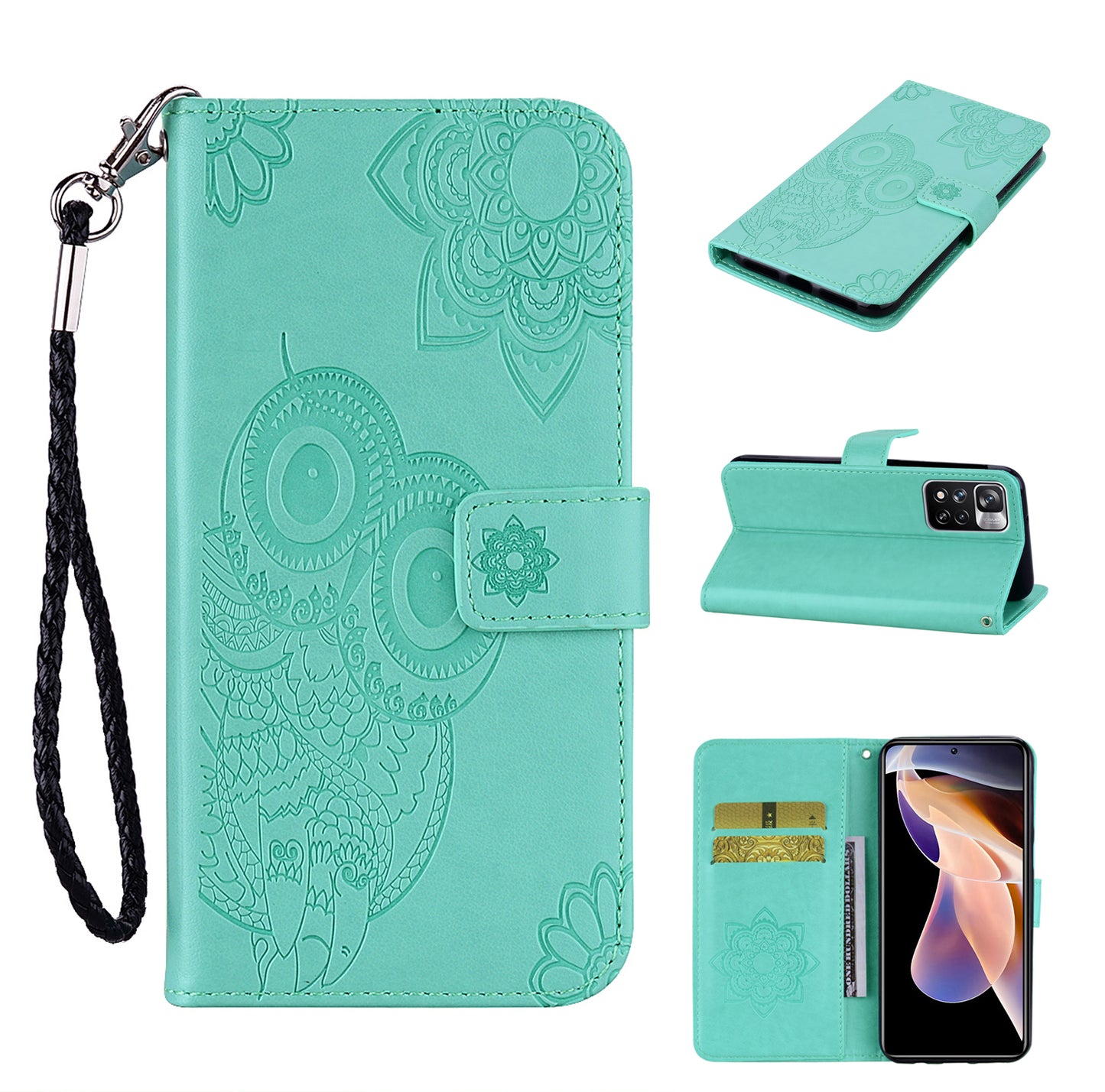 Rhinestone Decor Owl Flower Imprinting PU Leather + TPU Phone Case Cover with Stand Wallet for Xiaomi Redmi Note 11 Pro 5G (China) (MediaTek)/11 Pro+ 5G