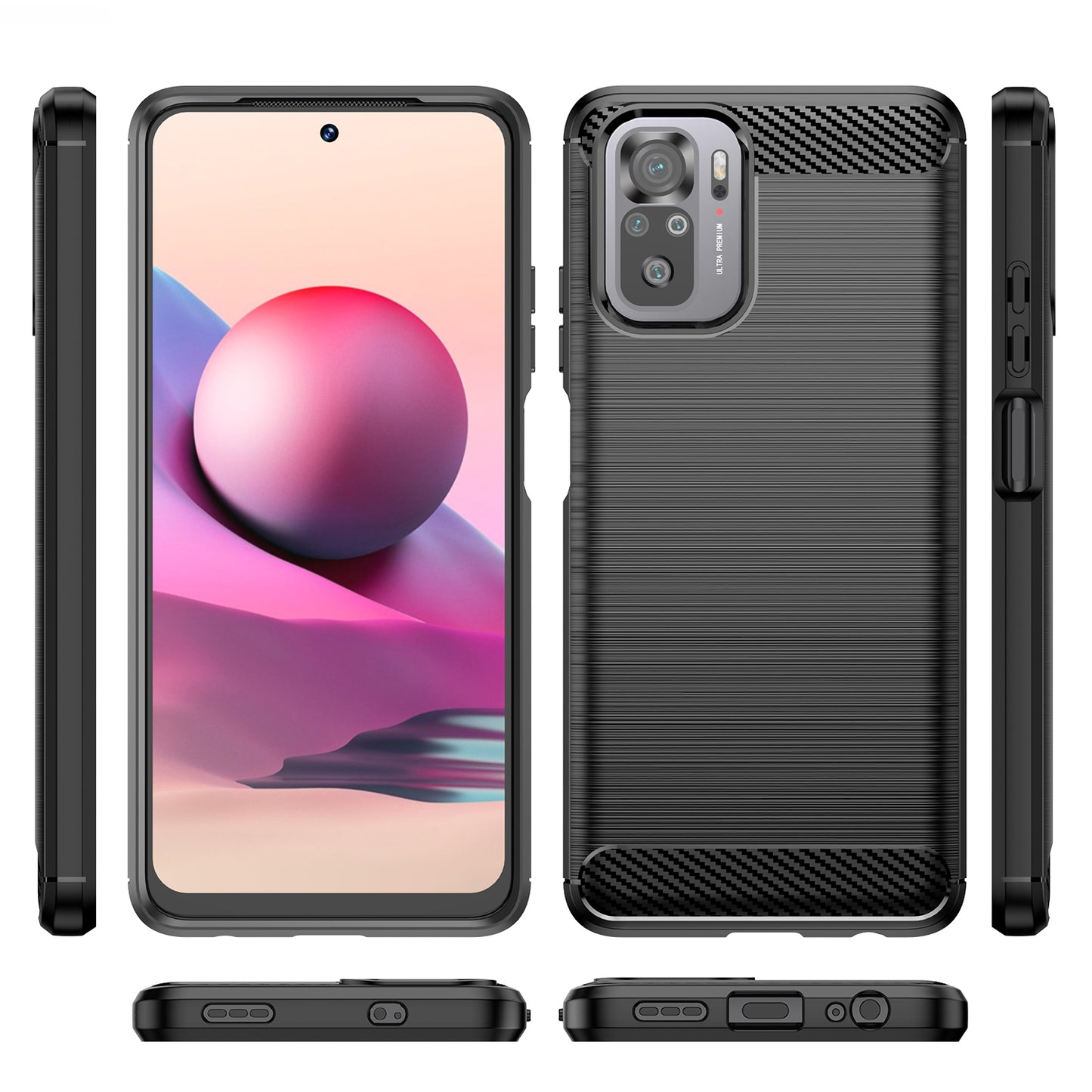 1.8mm All-round Shockproof Brushed Carbon Fiber Texture TPU Back Case Mobile Phone Cover for Xiaomi Poco M5s 4G / Redmi Note 10 4G / Redmi Note 10S 4G