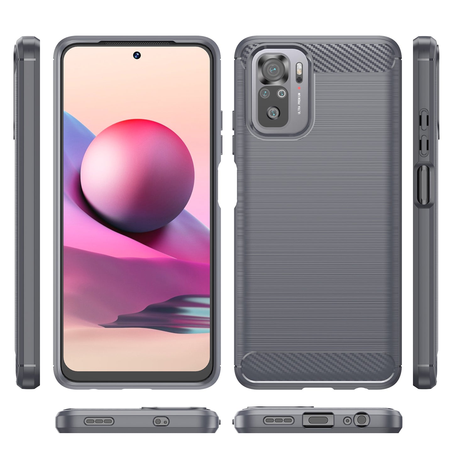 1.8mm All-round Shockproof Brushed Carbon Fiber Texture TPU Back Case Mobile Phone Cover for Xiaomi Poco M5s 4G / Redmi Note 10 4G / Redmi Note 10S 4G