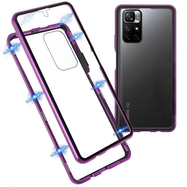 For Xiaomi Redmi Note 11 5G (China) (MediaTek)/Redmi Note 11T 5G/Note 11S 5G Metal Bumper + Double-sided Tempered Glass Mobile Cover Magnetic Phone Case