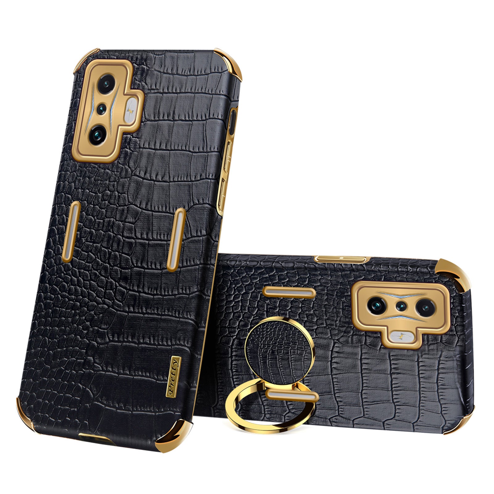 For Xiaomi Poco F4 GT/Redmi K50 Gaming Crocodile Texture Leather Coated TPU Case 6D Electroplated Camera Lens Protection Cover with Ring Holder Kickstand