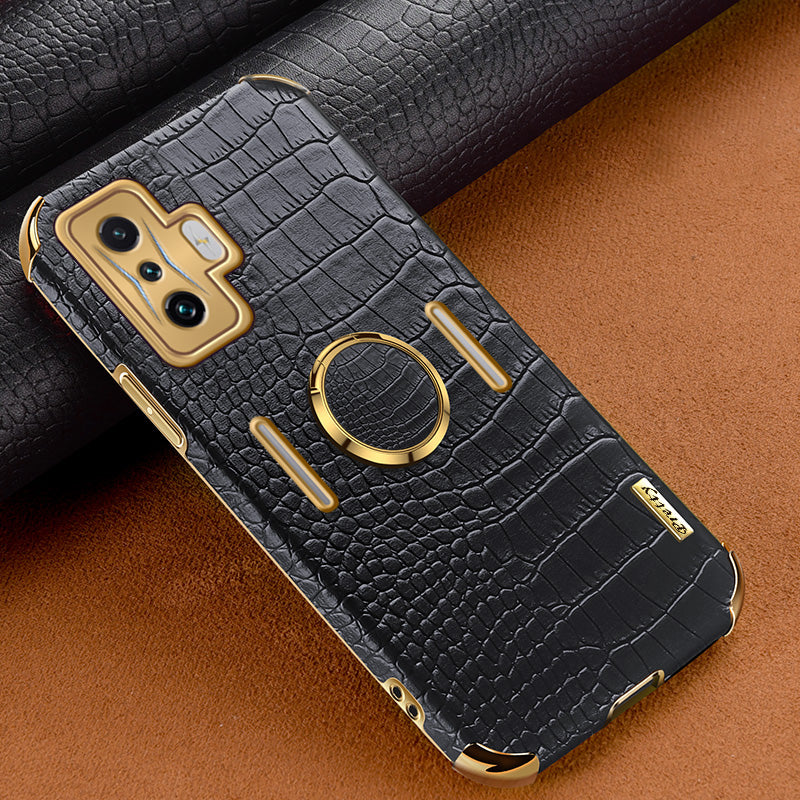 For Xiaomi Poco F4 GT/Redmi K50 Gaming Crocodile Texture Leather Coated TPU Case 6D Electroplated Camera Lens Protection Cover with Ring Holder Kickstand