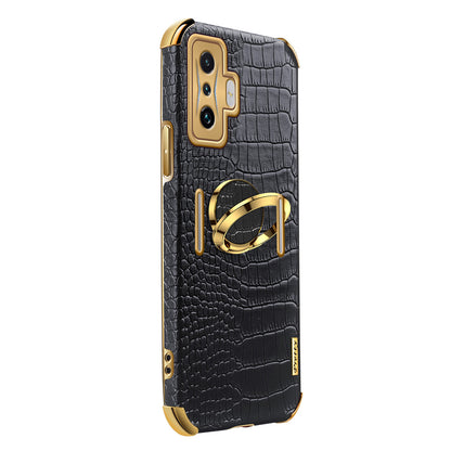 For Xiaomi Poco F4 GT/Redmi K50 Gaming Crocodile Texture Leather Coated TPU Case 6D Electroplated Camera Lens Protection Cover with Ring Holder Kickstand