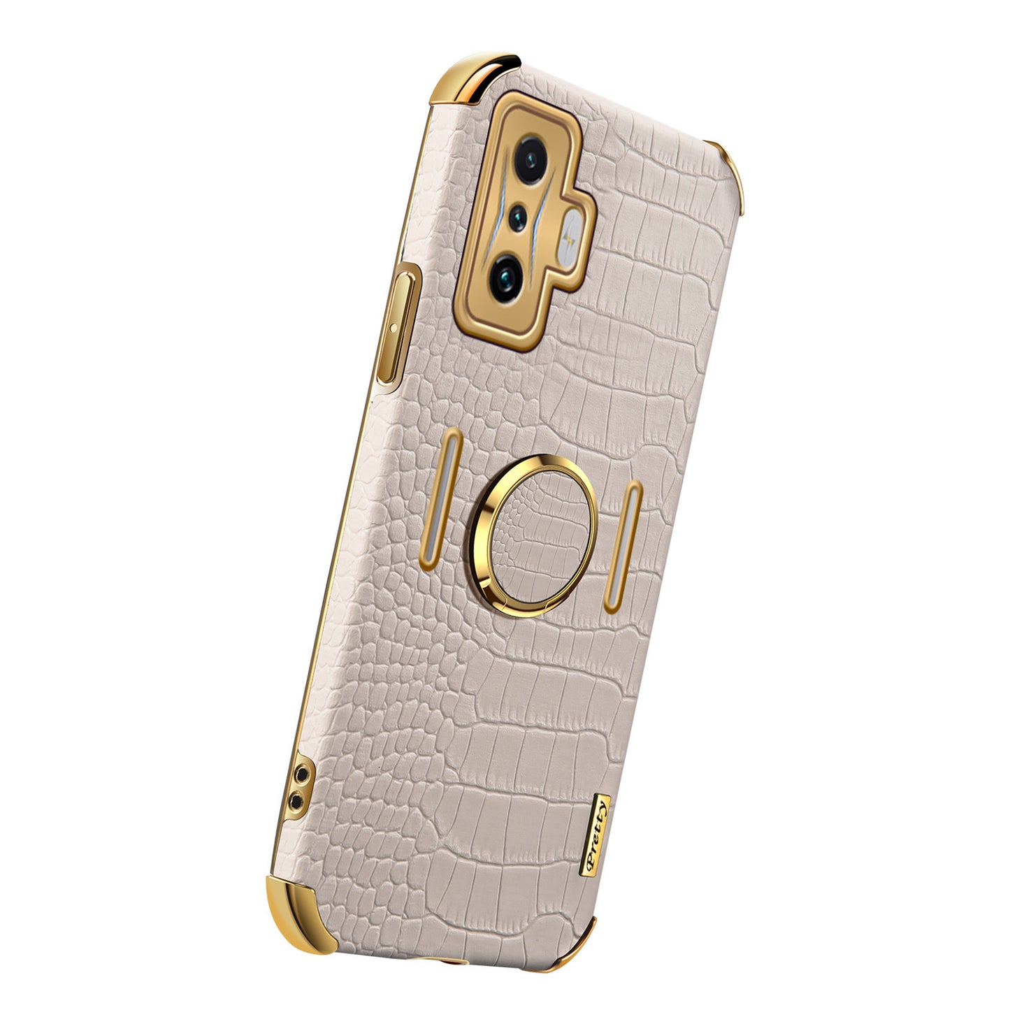 For Xiaomi Poco F4 GT/Redmi K50 Gaming Crocodile Texture Leather Coated TPU Case 6D Electroplated Camera Lens Protection Cover with Ring Holder Kickstand