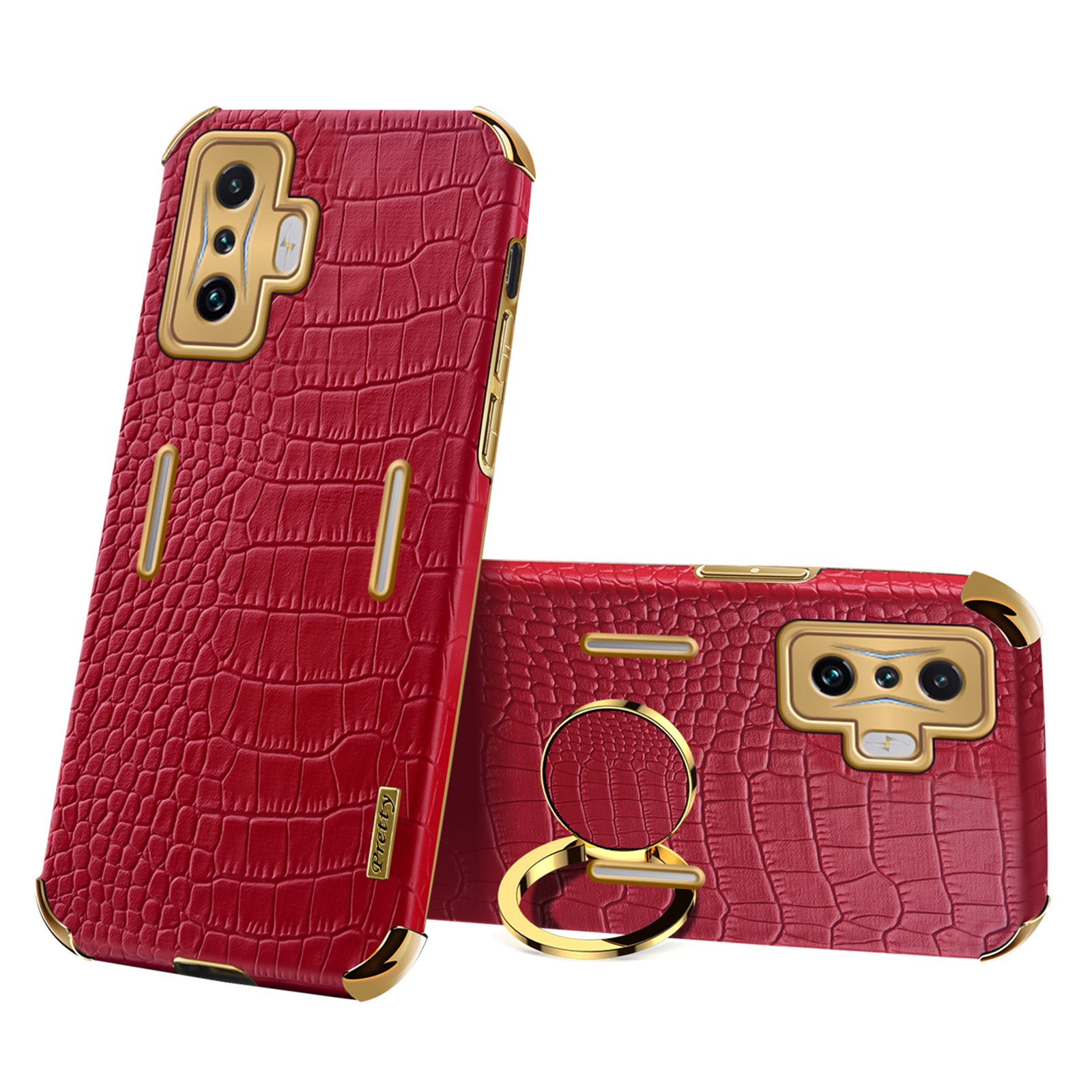 For Xiaomi Poco F4 GT/Redmi K50 Gaming Crocodile Texture Leather Coated TPU Case 6D Electroplated Camera Lens Protection Cover with Ring Holder Kickstand
